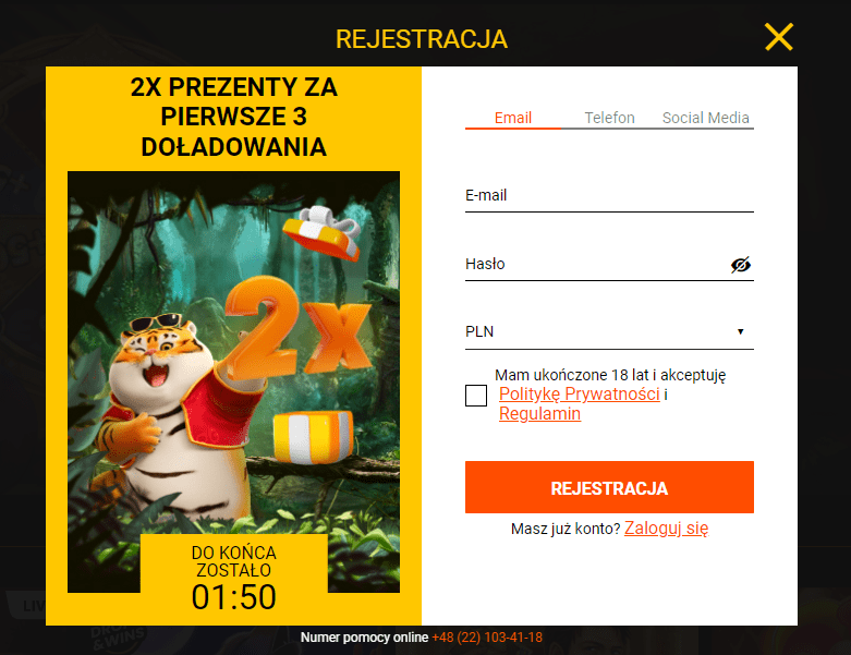 Wybierz login, wprowadź dane i odbierz prezenty za doładowanie od Spinamba 